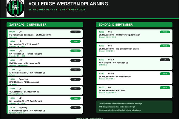 Wedstrijdschema 12 & 13 September