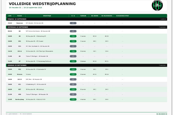 Wedstrijdschema 18 - 19 & 20 September